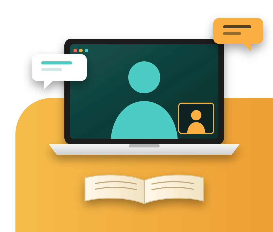 An online one-to-one session on a laptop with an open book